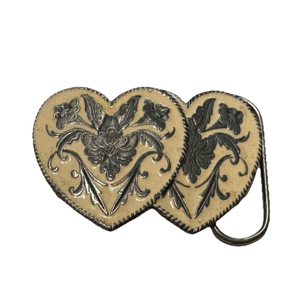 SISKIYOU Buckle Co 1992 Belt Buckle Hearts Flower Patterns Cream & Silver